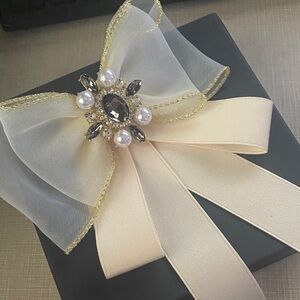 Cream & Gold Ribbon Bow with Jeweled Pearl Brooch